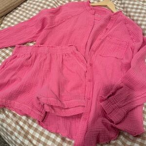 Aerie Pink Button-Up Shirt and Shorts Set